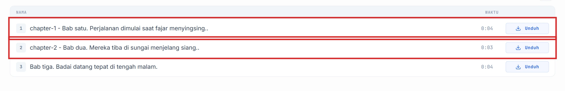 Daftar segmen dengan baris chapter-1 dan chapter-2 tersorot