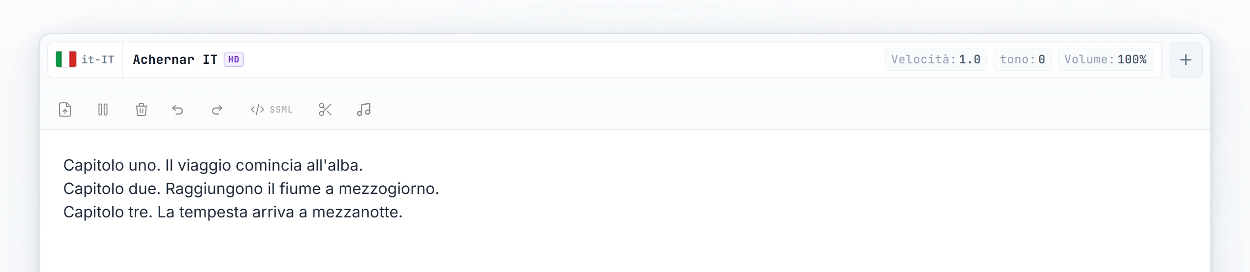 Tre capitoli di audiolibro scritti; cursore posizionato tra il capitolo 1 e il capitolo 2