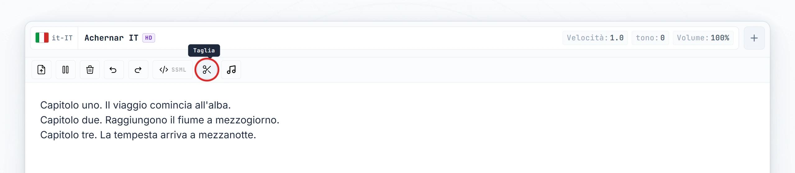 Pulsante Taglia evidenziato nella barra degli strumenti dell'editor (stato hover)