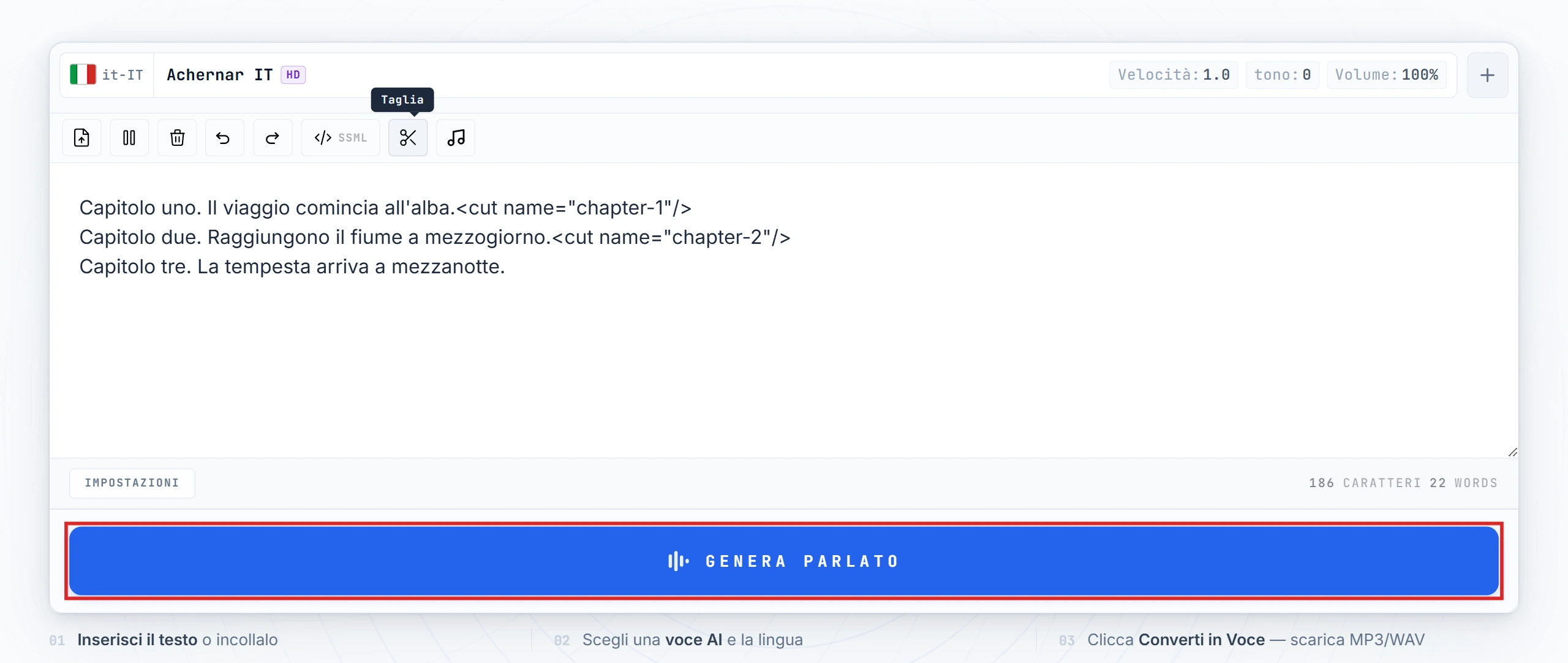 Pulsante Converti in voce evidenziato