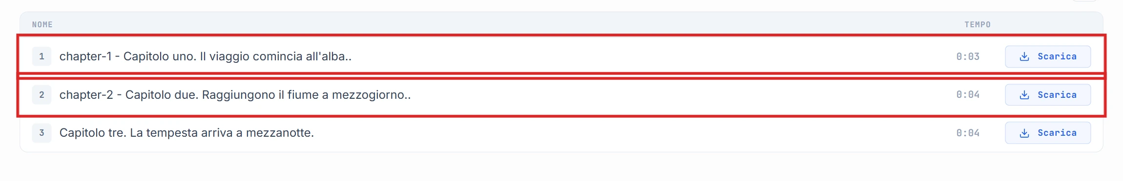 Lista dei segmenti con le righe chapter-1 e chapter-2 evidenziate