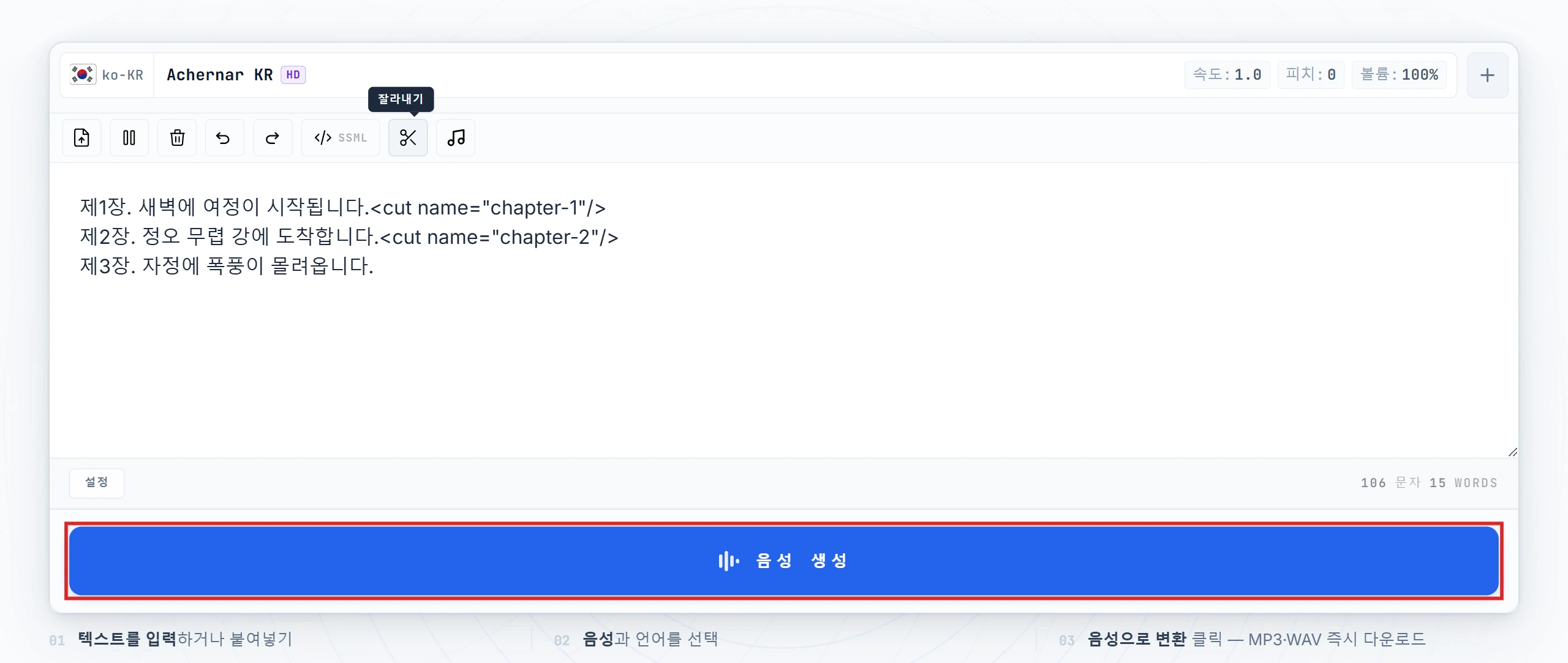 Convert to Speech 버튼이 강조된 모습