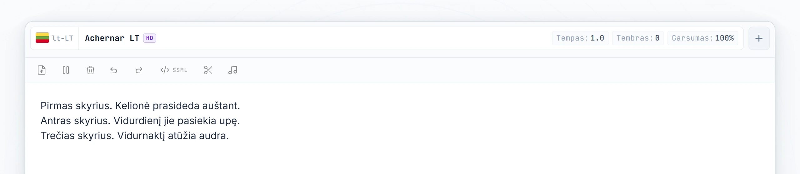 Trys audioknygos skyriai surinkti; žymeklis pastatytas tarp pirmo ir antro skyriaus