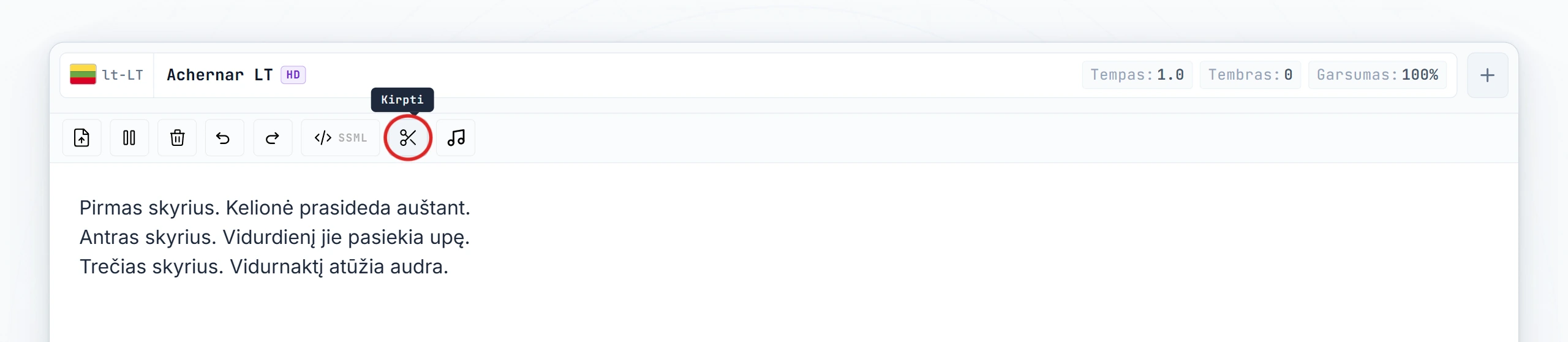 Cut mygtukas paryškintas redaktoriaus įrankių juostoje (užvedimo būsena)