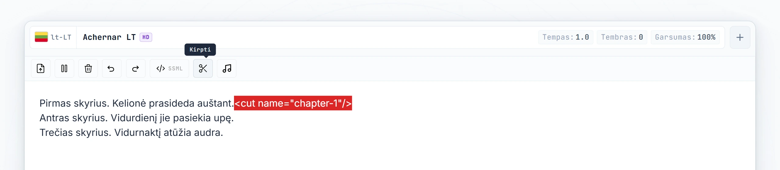 Trys segmentai, gauti po pirmo Convert