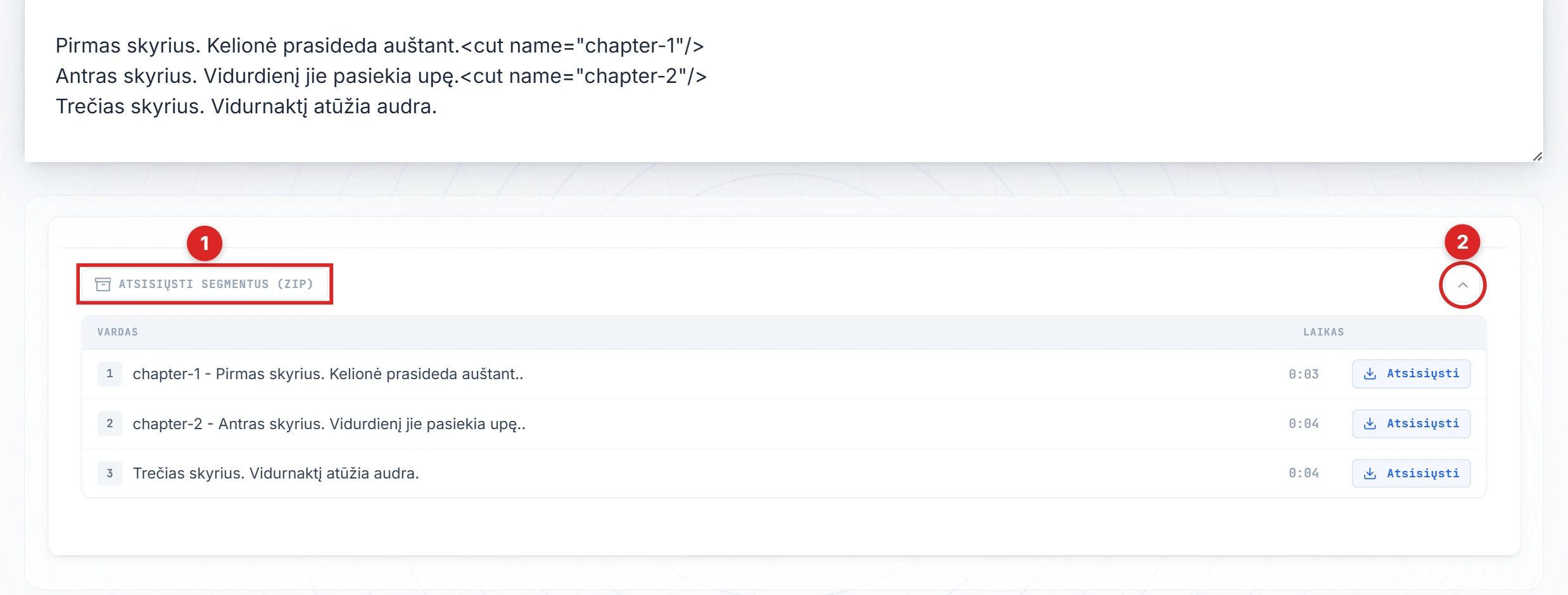 Atsisiuntimo segmentų ir rodyklės mygtukai paryškinti rezultato skydelyje