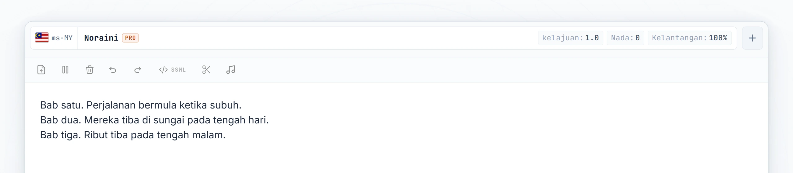 Tiga bab buku audio ditaip; kursor diletakkan antara bab 1 dan bab 2