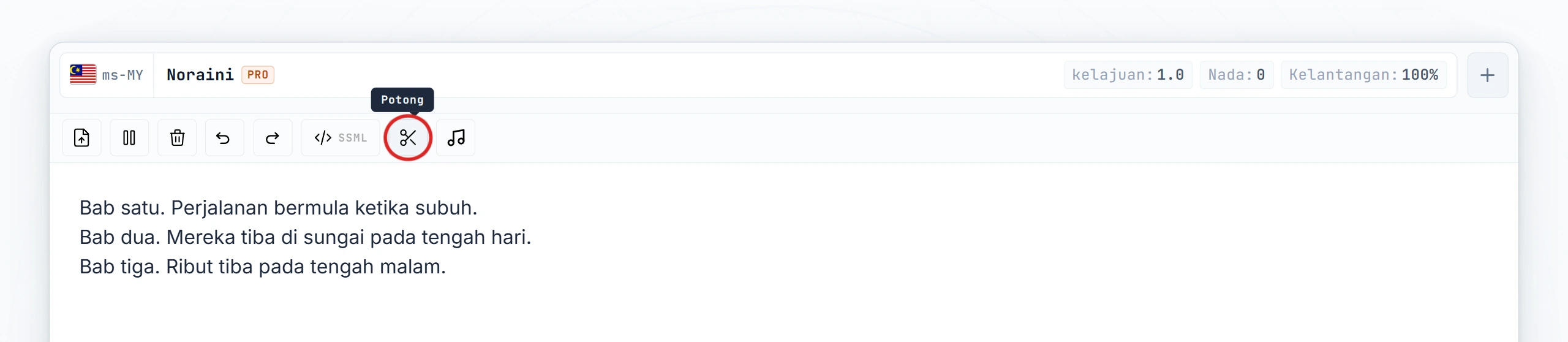 Butang Cut diserlahkan pada bar alat editor (keadaan hover)