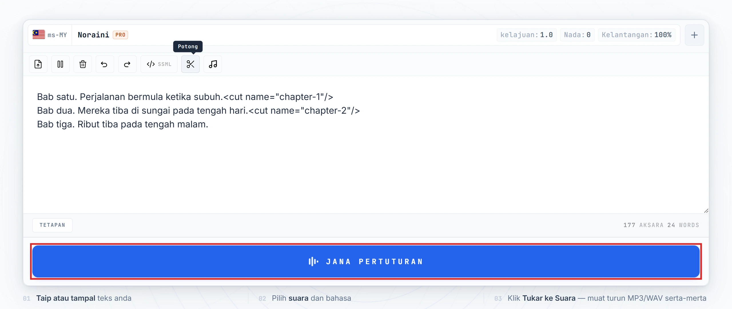Butang Convert to Speech diserlahkan