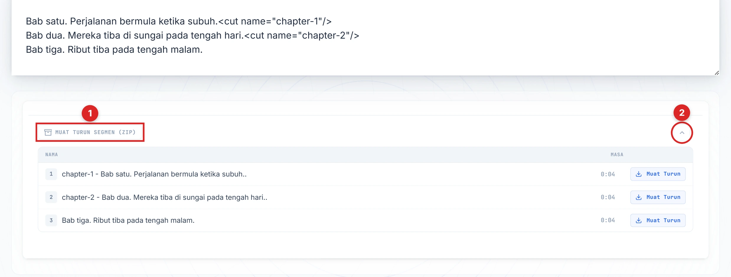 Butang Muat turun segmen dan chevron diserlahkan pada panel hasil