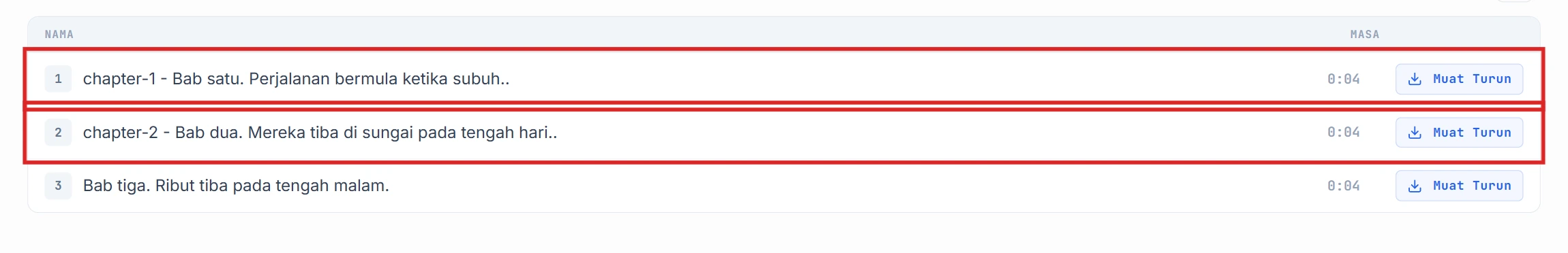Senarai segmen dengan baris chapter-1 dan chapter-2 diserlahkan