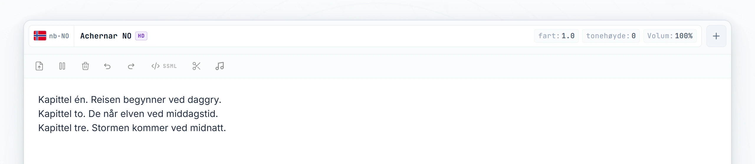 Tre lydbokkapitler skrevet inn; markøren plassert mellom kapittel 1 og kapittel 2