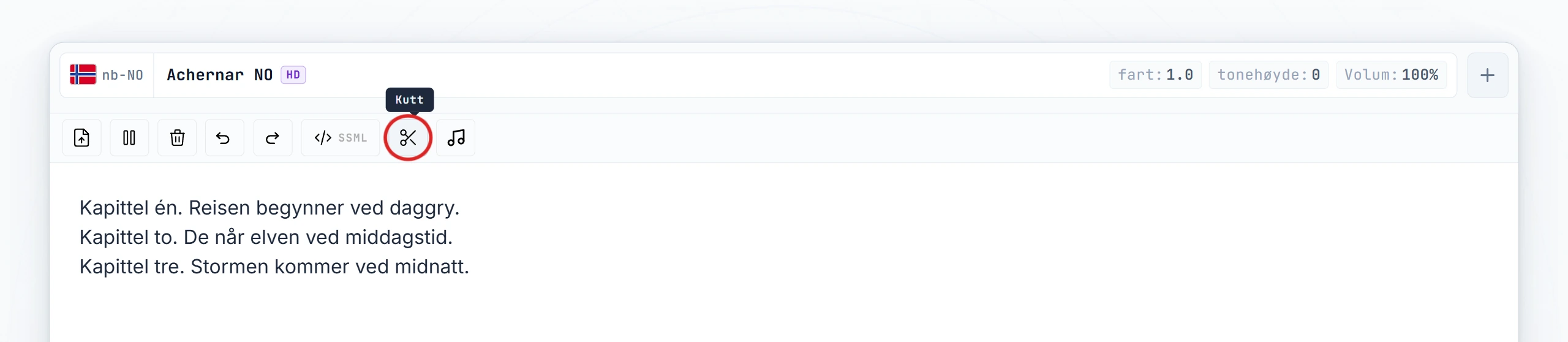 Klipp-knappen uthevet i redigeringsprogrammets verktøylinje (hover-tilstand)