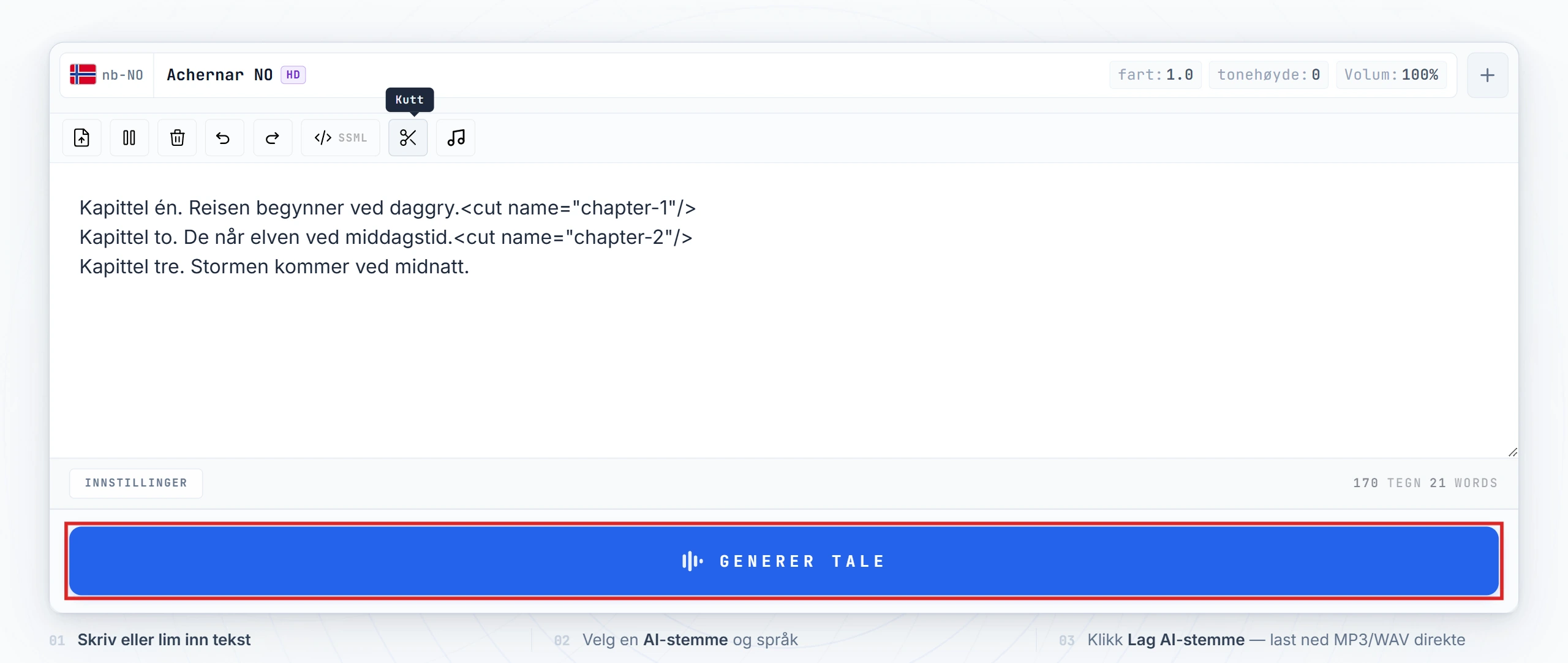 Konverter til tale-knappen uthevet