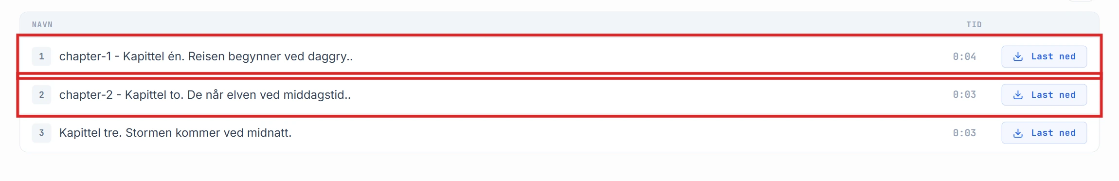 Segmentliste med chapter-1- og chapter-2-radene uthevet