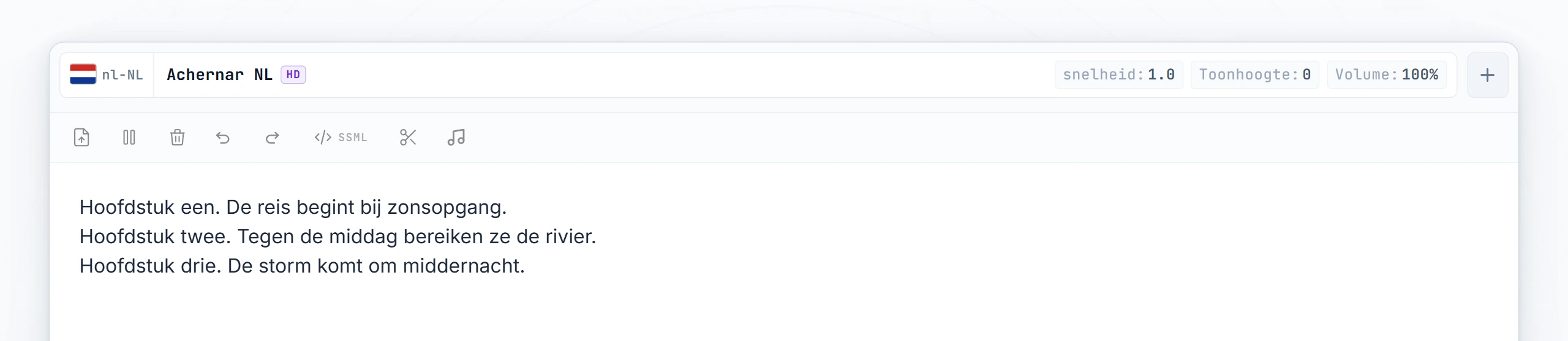 Drie hoofdstukken van een luisterboek getypt; cursor staat tussen hoofdstuk 1 en hoofdstuk 2