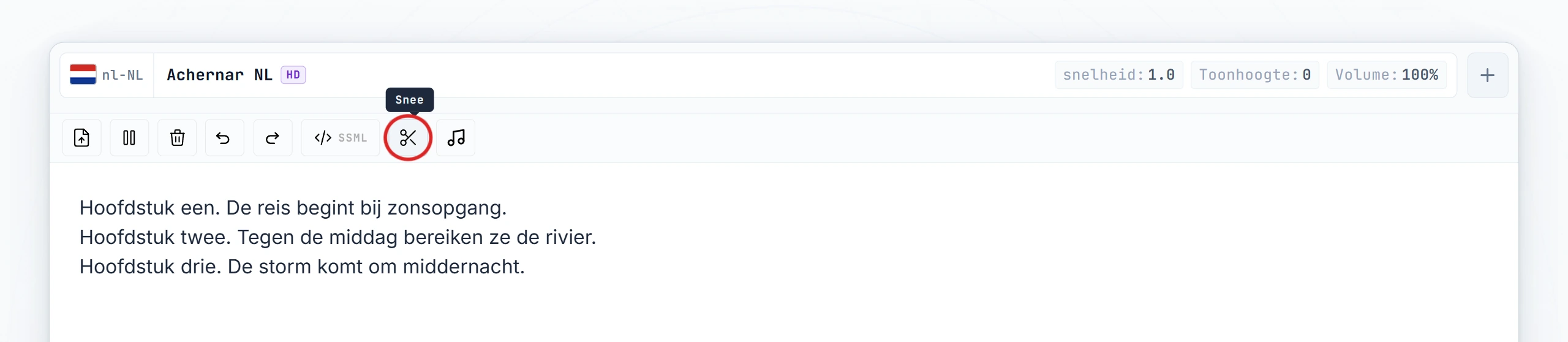 Knip-knop gemarkeerd in de werkbalk van de editor (hover-status)