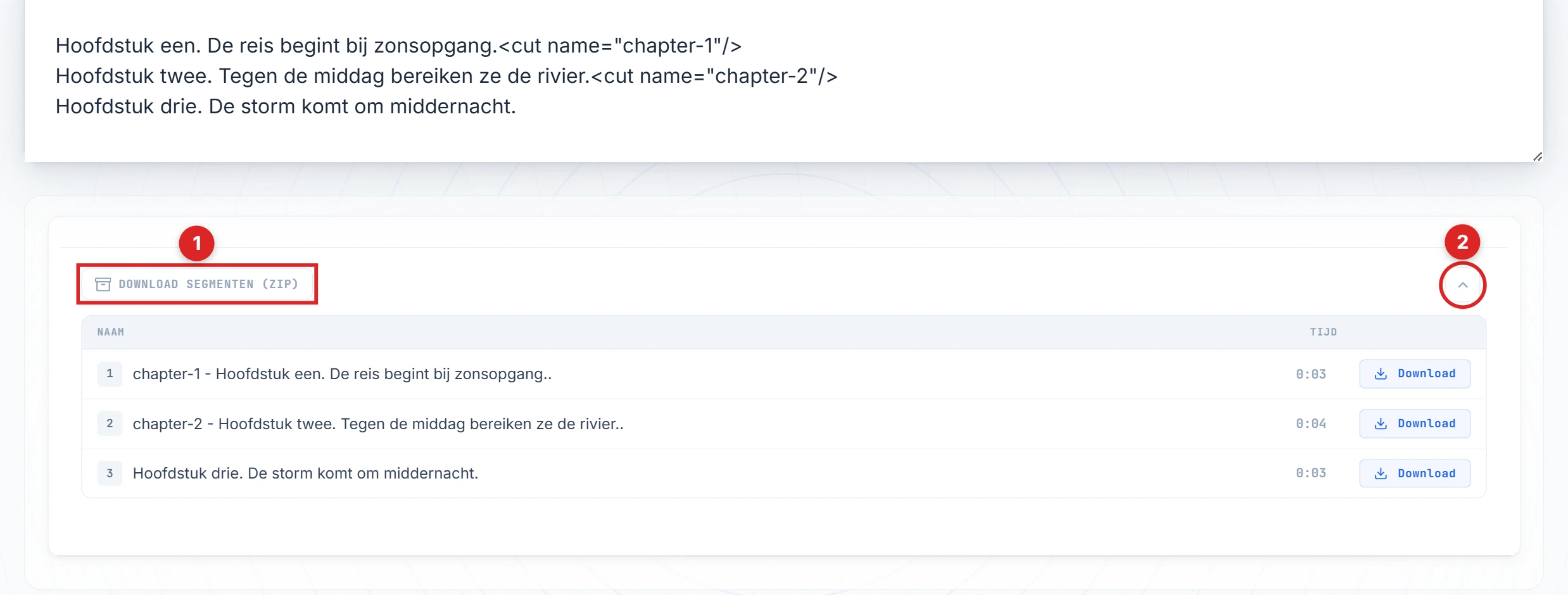 Knoppen Segmenten downloaden en chevron gemarkeerd in het resultaatpaneel