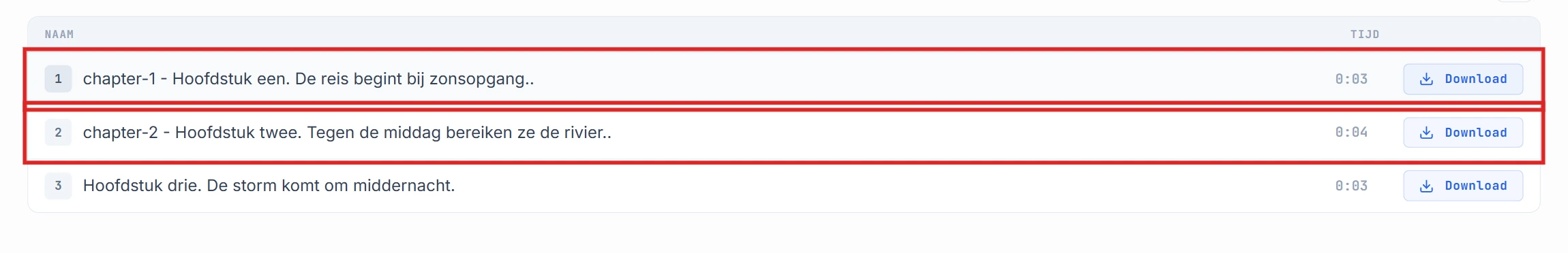 Segmentenlijst met de rijen chapter-1 en chapter-2 gemarkeerd