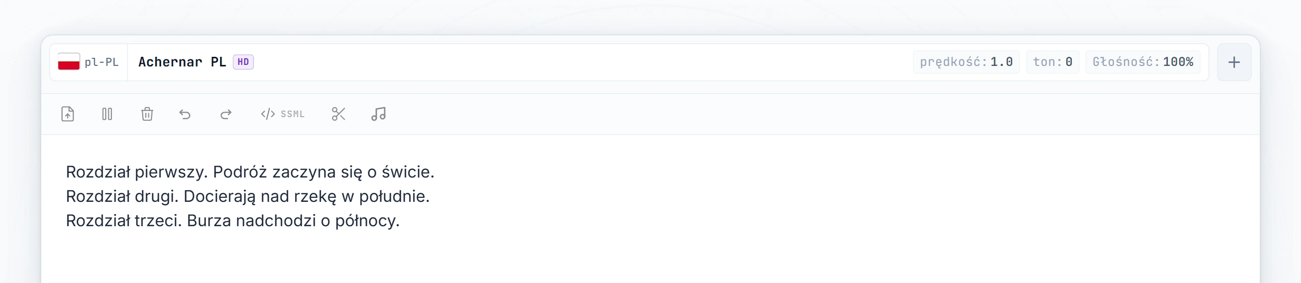 Trzy rozdziały audiobooka wpisane; kursor ustawiony między rozdziałem 1 a rozdziałem 2
