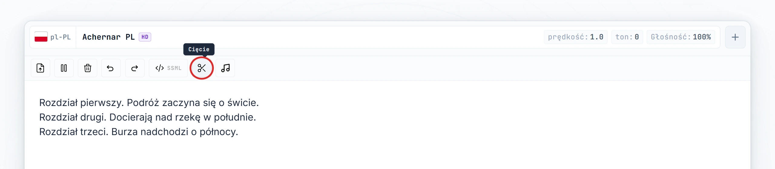 Przycisk Tnij podświetlony na pasku narzędzi edytora (stan hover)