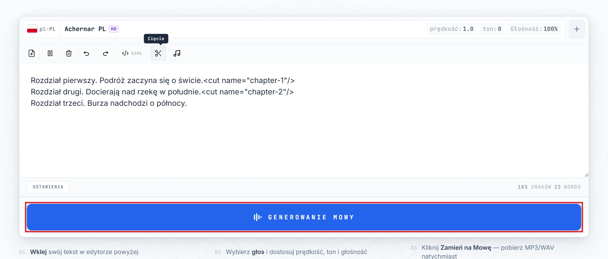 Podświetlony przycisk Konwertuj na mowę
