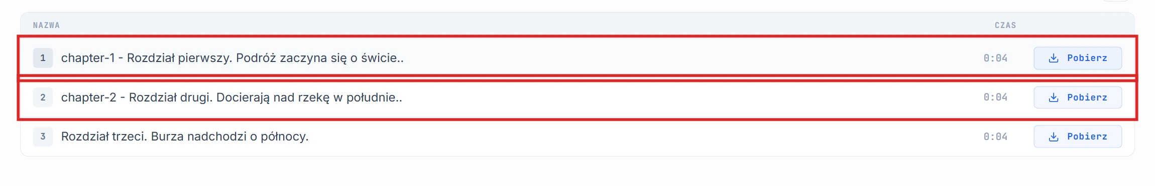 Lista segmentów z podświetlonymi wierszami chapter-1 i chapter-2