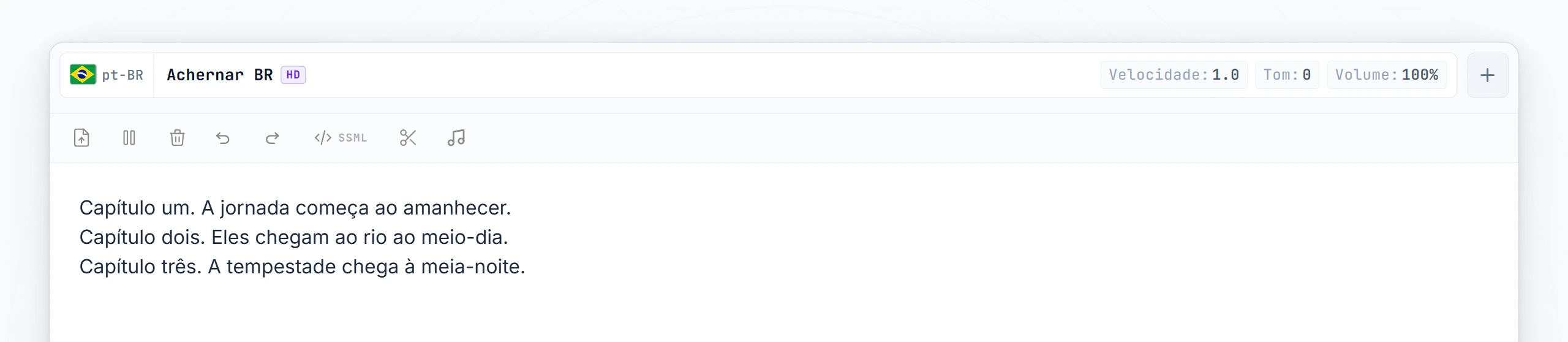 Três capítulos de audiolivro digitados; cursor posicionado entre o capítulo 1 e o capítulo 2