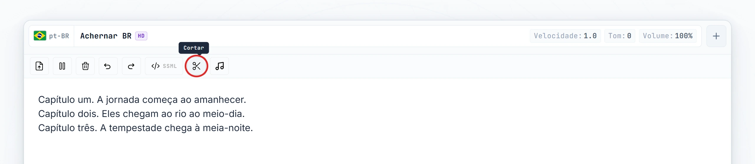 Botão Cortar destacado na barra de ferramentas do editor (estado hover)