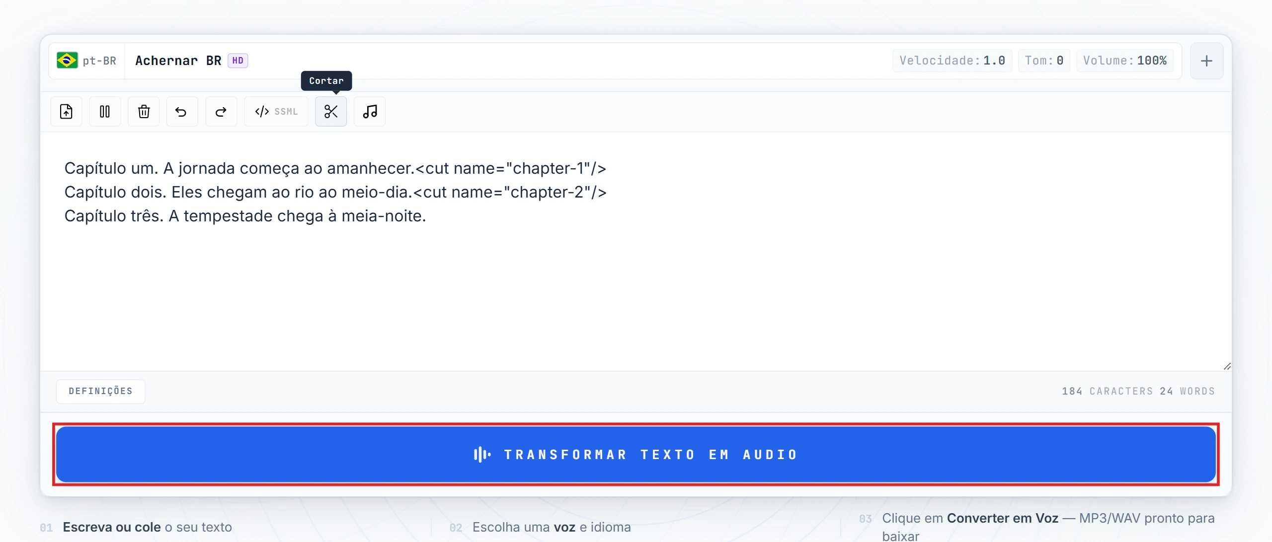 Botão Converter em voz destacado