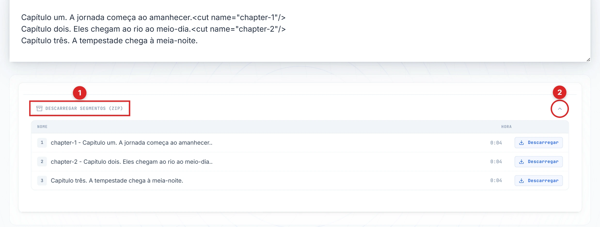 Botões Baixar segmentos e seta destacados no painel de resultado
