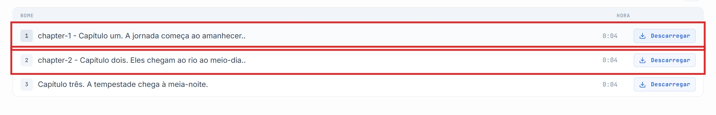 Lista de segmentos com as linhas chapter-1 e chapter-2 destacadas