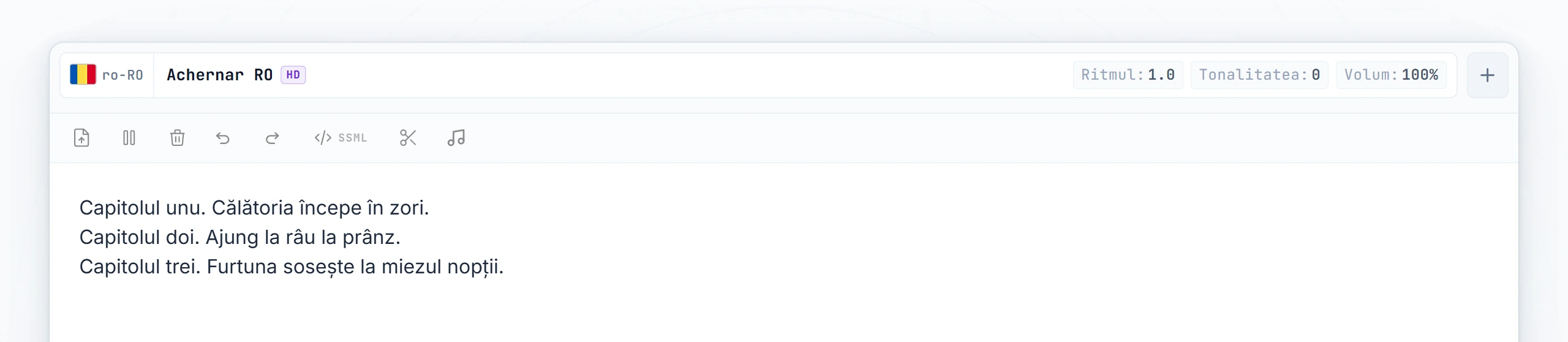 Trei capitole de audiobook scrise; cursor plasat între capitolul 1 și capitolul 2