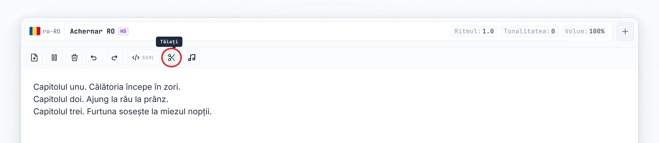 Butonul Tăiere evidențiat în bara de instrumente a editorului (stare hover)