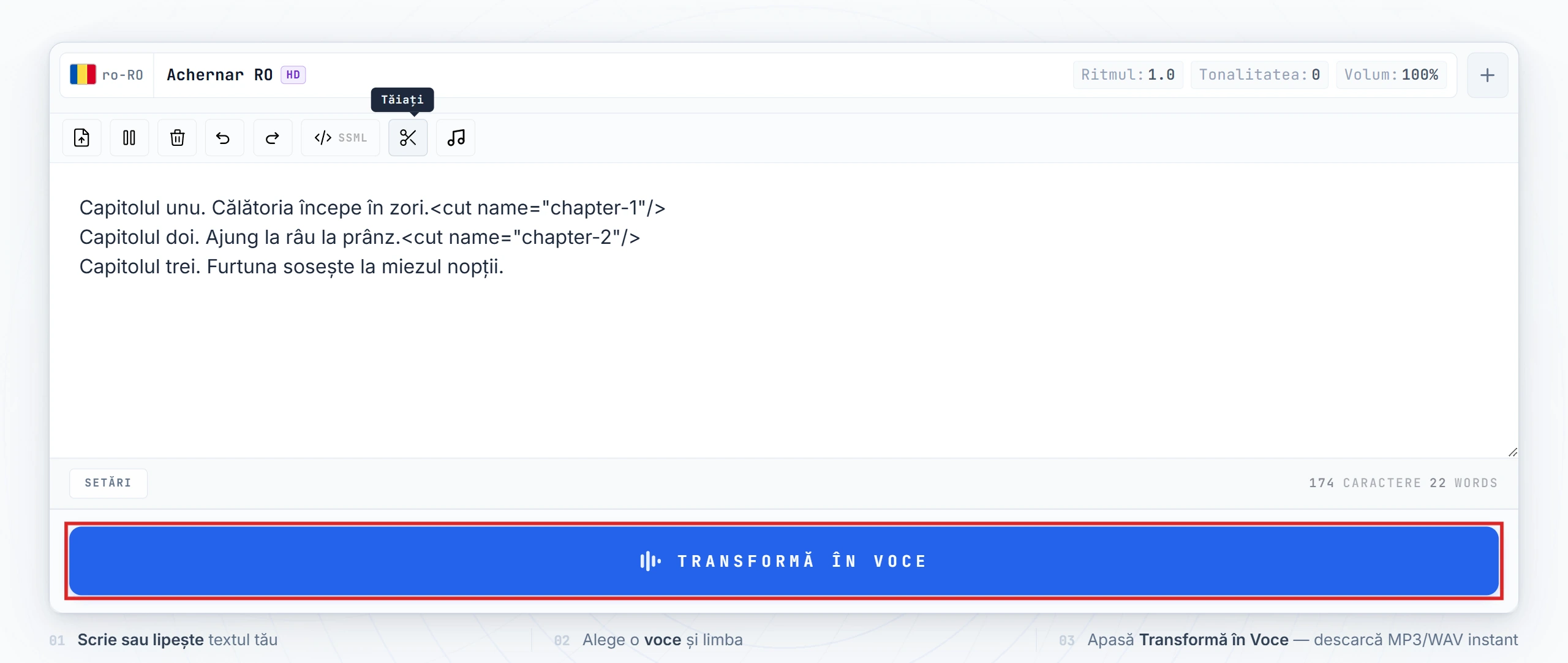 Butonul Convertește în voce evidențiat