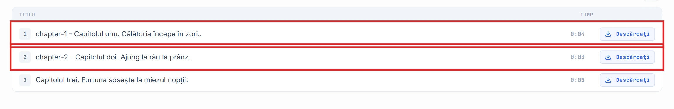Lista de segmente cu rândurile chapter-1 și chapter-2 evidențiate