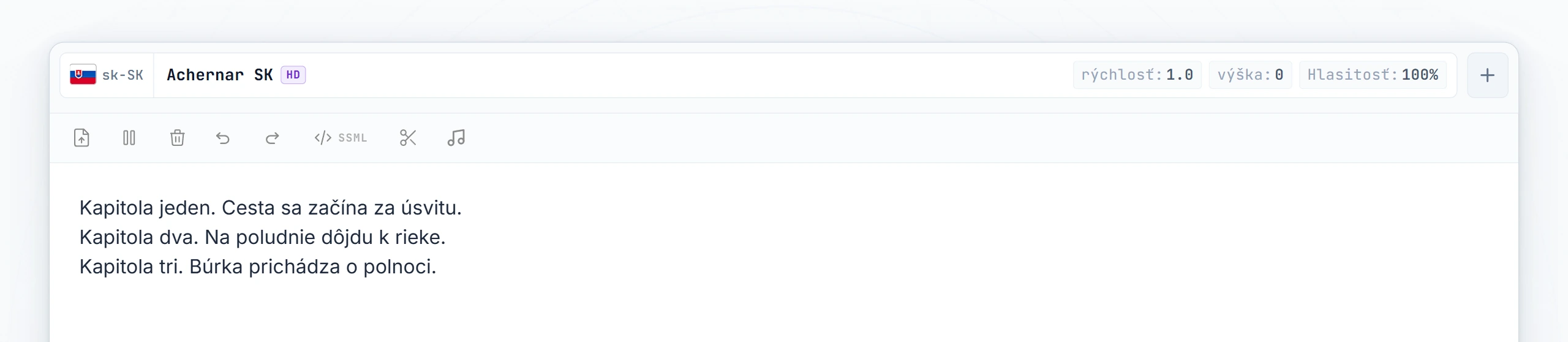 Tri kapitoly audioknihy napísané; kurzor umiestnený medzi kapitolou 1 a kapitolou 2