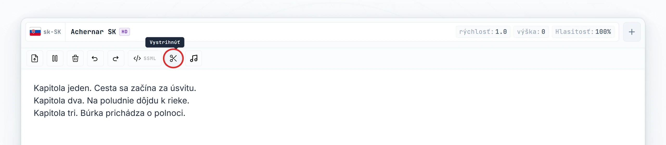 Tlačidlo Cut zvýraznené na lište nástrojov editora (stav hover)
