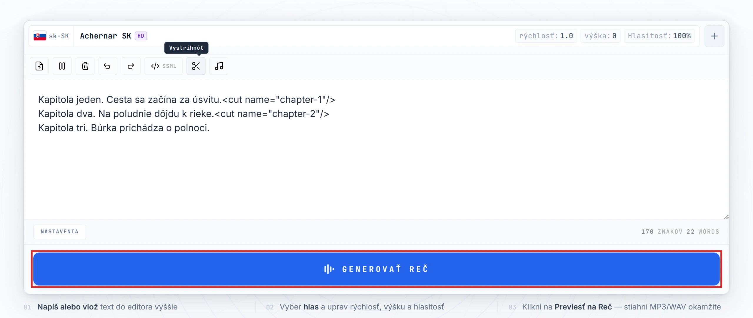 Tlačidlo Konvertovať na reč zvýraznené