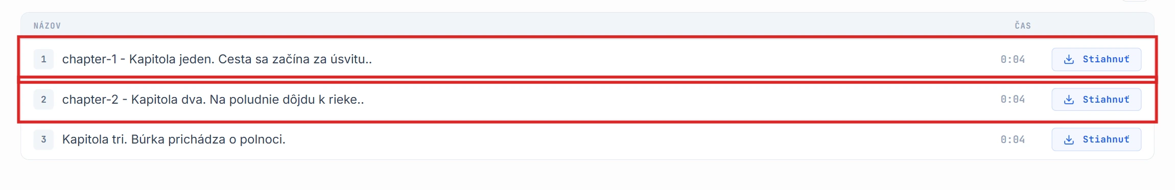 Zoznam segmentov so zvýraznenými riadkami chapter-1 a chapter-2