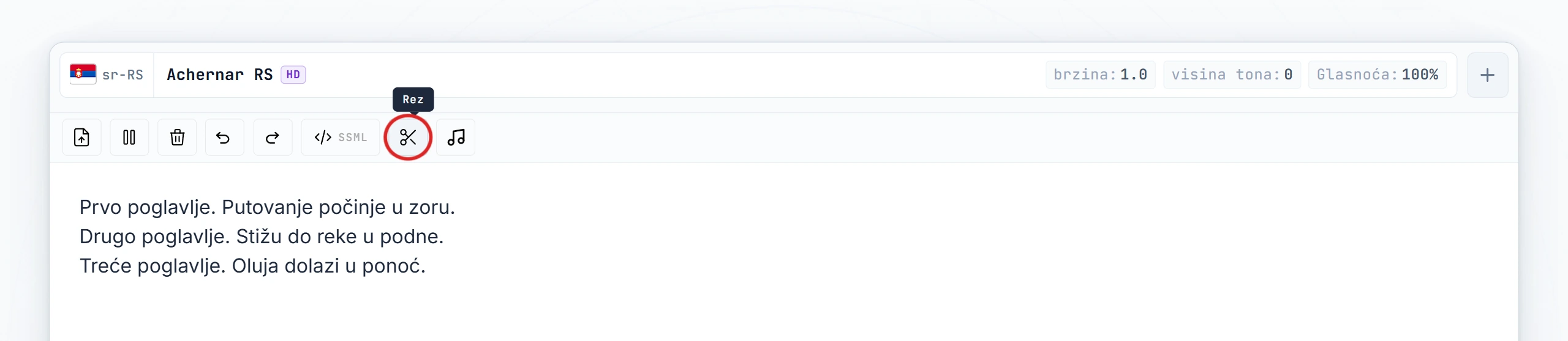 Dugme Seci istaknuto u traci sa alatkama editora (hover stanje)