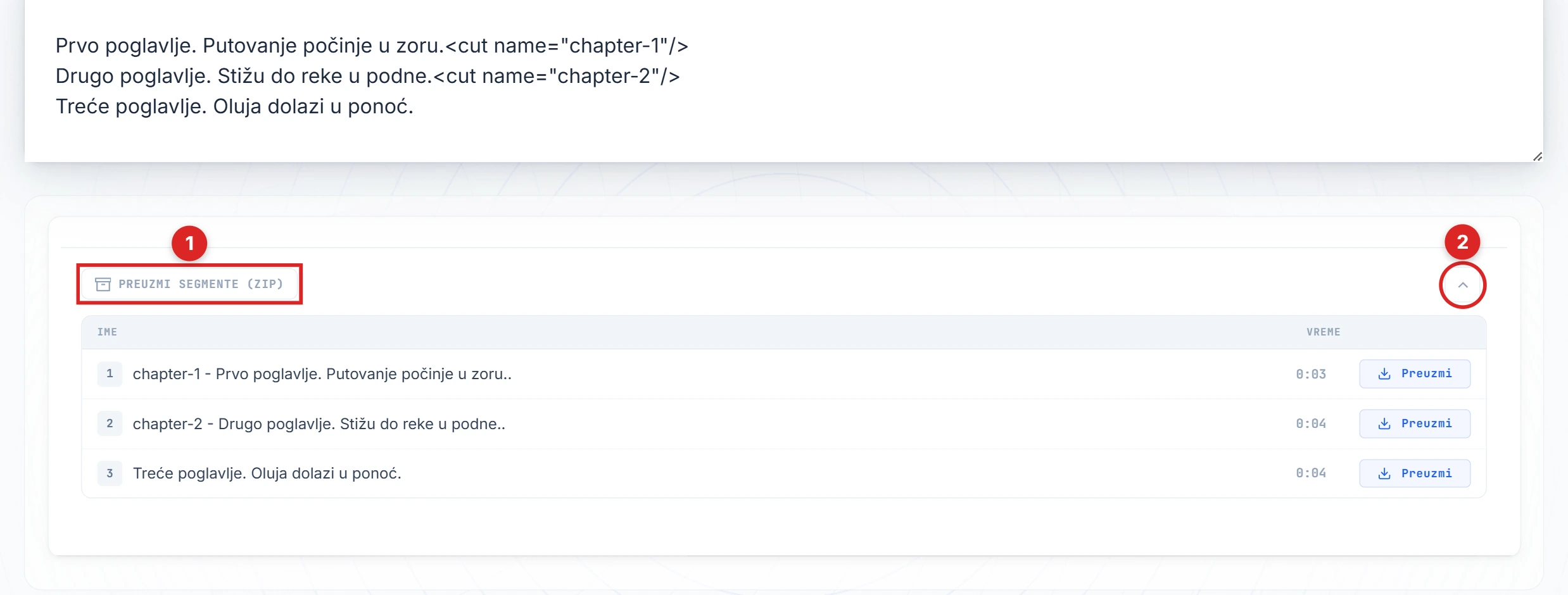 Dugmad Preuzmi segmente i čevron istaknuti na panelu sa rezultatom