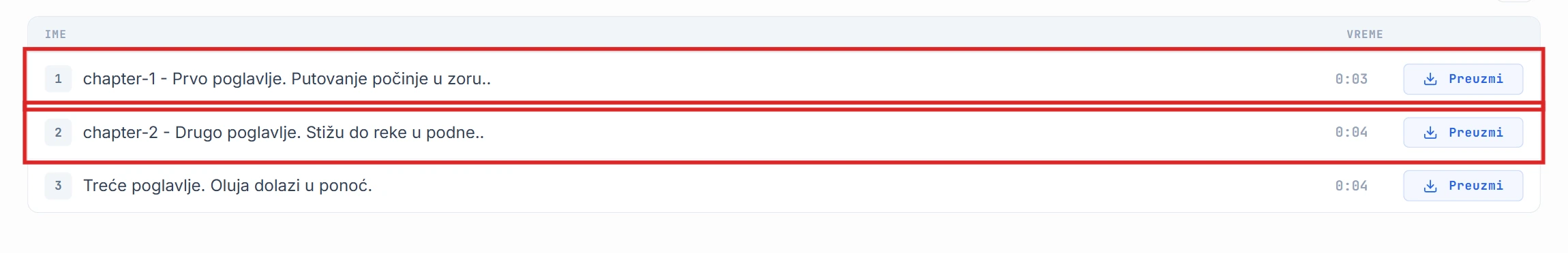 Lista segmenata sa istaknutim redovima chapter-1 i chapter-2