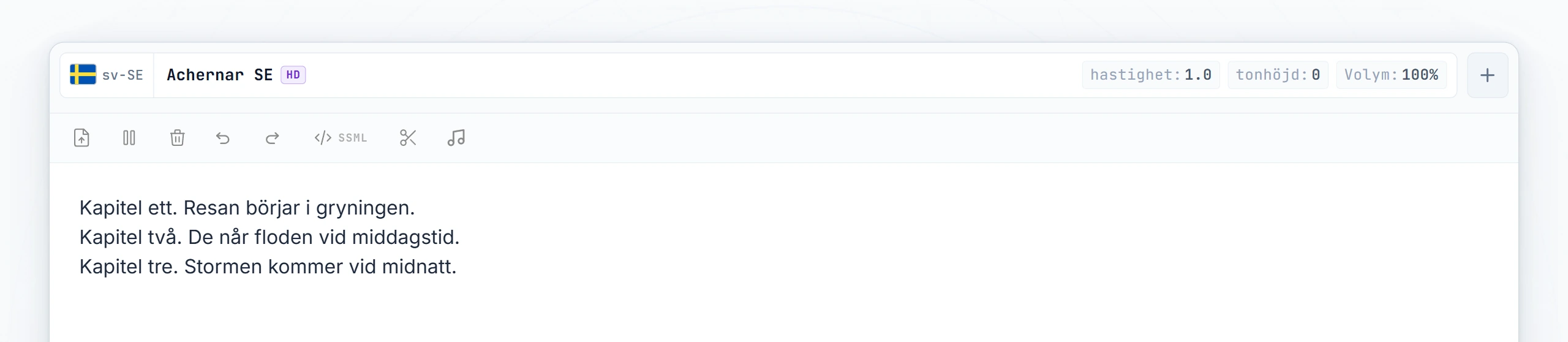 Tre ljudbokskapitel inskrivna; markören placerad mellan kapitel 1 och kapitel 2