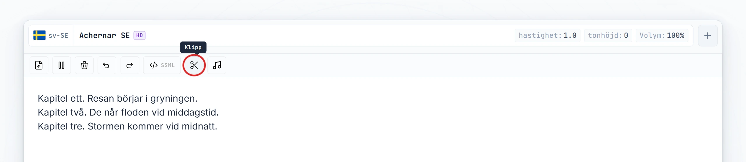 Klipp-knappen markerad i editorns verktygsfält (hover-läge)