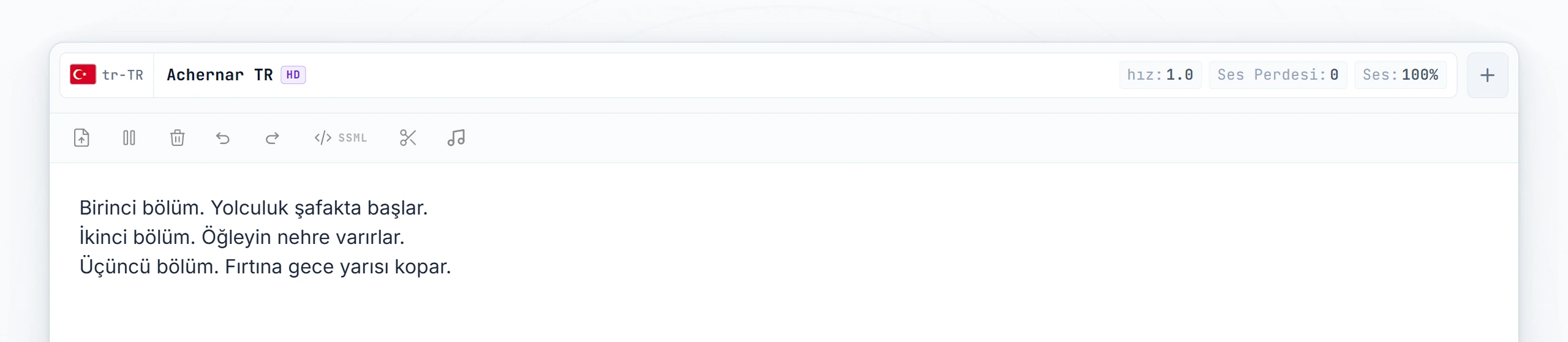 Yazılmış üç sesli kitap bölümü; imleç birinci ve ikinci bölüm arasına konulmuş