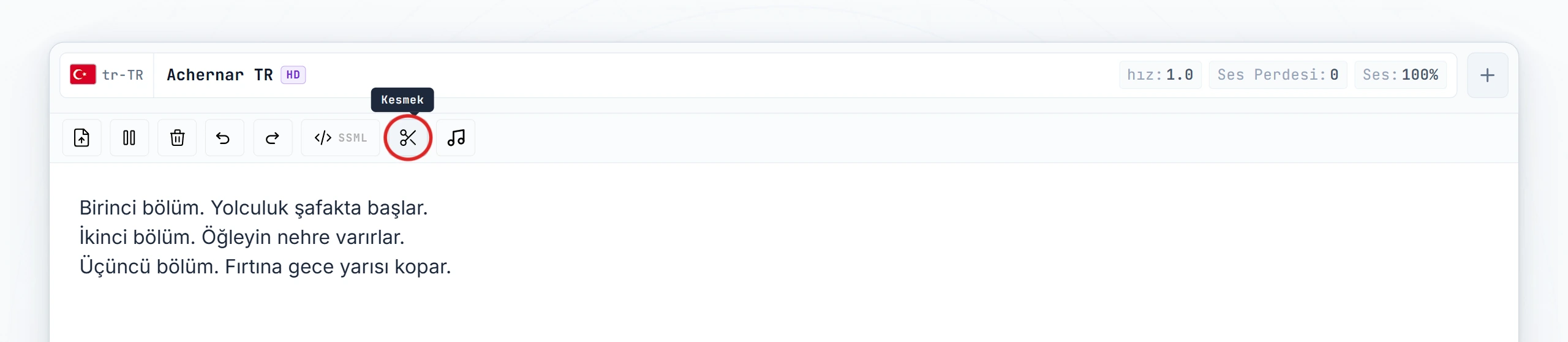 Editör araç çubuğunda vurgulanmış Kes düğmesi (hover durumu)
