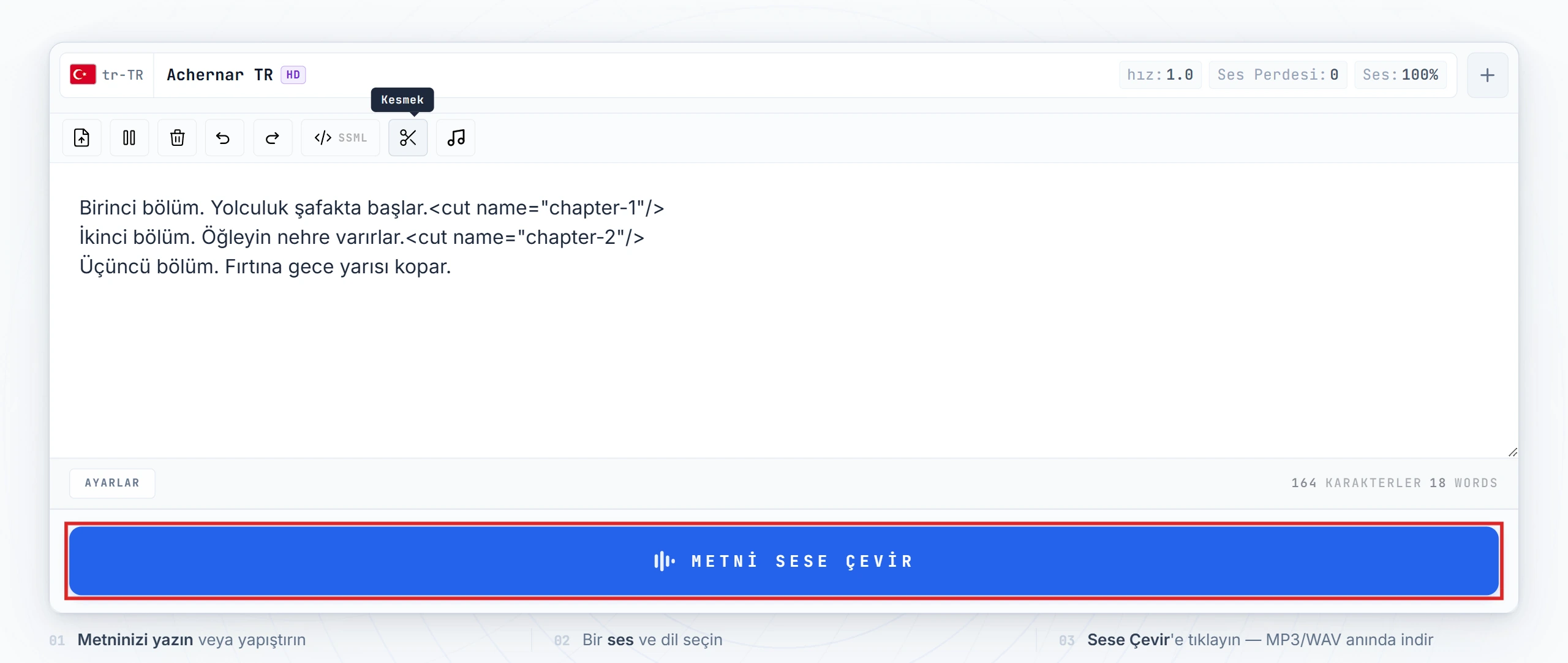 Vurgulanmış Sese Dönüştür düğmesi