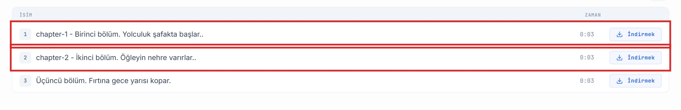 chapter-1 ve chapter-2 satırları vurgulanmış parça listesi