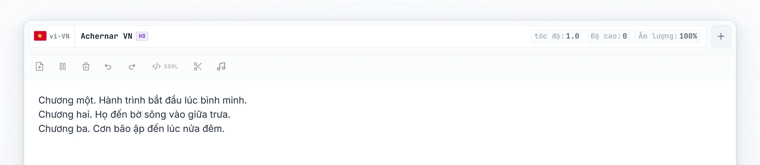 Ba chương sách nói đã được gõ; con trỏ đặt giữa chương 1 và chương 2